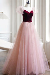 Burgundy Velvet and Pink Tulle Long A-Line Prom Dress, Lovely Party Dress