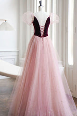 Burgundy Velvet and Pink Tulle Long A-Line Prom Dress, Lovely Party Dress