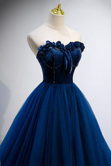 Blue Velvet Tulle Long Prom Dresses, A-Line Strapless Evening Dresses
