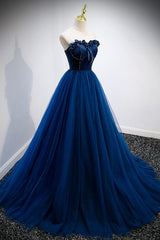 Blue Velvet Tulle Long Prom Dresses, A-Line Strapless Evening Dresses