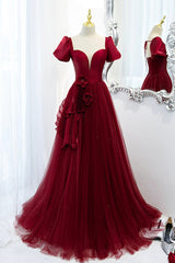 A-Line Satin Tulle Long Prom Dresses, Burgundy Evening Dresses