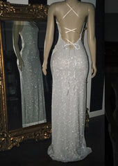 2024 Silver Halter Sequins Prom Dresses