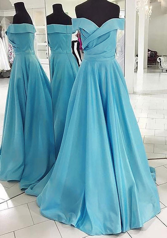 Ice Blue Prom Dresses, A-line/Princess Off-the-Shoulder Sleeveless Sweep Train Satin Prom Dress
