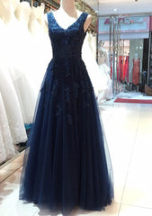 Tulle Dark Navy Prom Dress A-Line/Princess V-Neck Long/Floor-Length With Beaded Appliqued