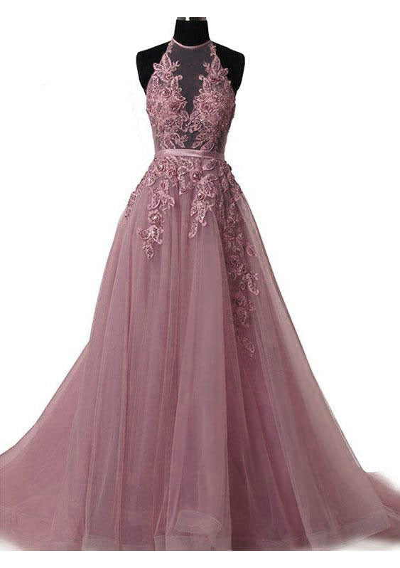 Tulle Wisteria Prom Dress A-Line/Princess Scoop Neck Court Train With Appliqued