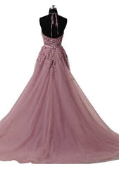 Tulle Wisteria Prom Dress A-Line/Princess Scoop Neck Court Train With Appliqued