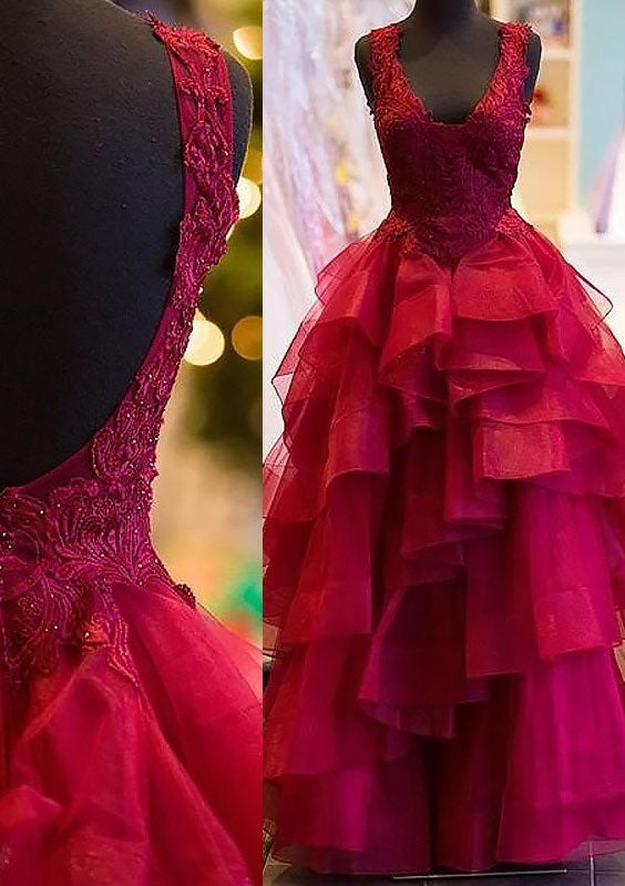 Red Prom Dresses, Ball Gown Square Neckline Sleeveless Long/Floor-Length Organza Prom Dress With Ruffles Appliqued Beading