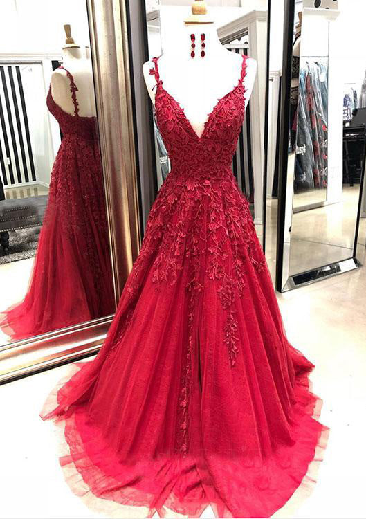 Red Prom Dresses, A-line/Princess V Neck Sleeveless Sweep Train Tulle Prom Dress With Appliqued