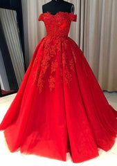 Red Ball Gown Off-the-Shoulder Sleeveless Court Train Tulle Prom Dress With Pleated Appliqued