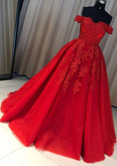Red Ball Gown Off-the-Shoulder Sleeveless Court Train Tulle Prom Dress With Pleated Appliqued
