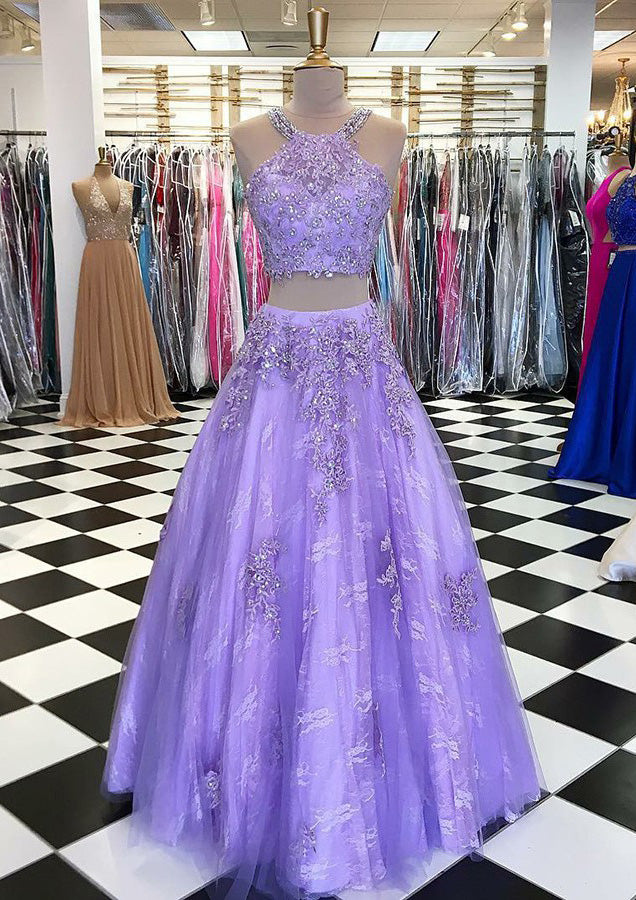Lilac Ball Gown Scoop Neck Sleeveless Long/Floor-Length Tulle Prom Dress With Appliqued Beading