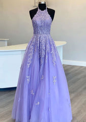 Lavender Prom Dresses, Princess Halter Long/Floor-Length Lace Tulle Prom Dress With Appliqued Beading