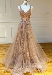 Princess V Neck Sweep Train Lace Tulle Yarn Prom Dress With Glitter