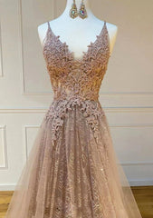 Princess V Neck Sweep Train Lace Tulle Yarn Prom Dress With Glitter