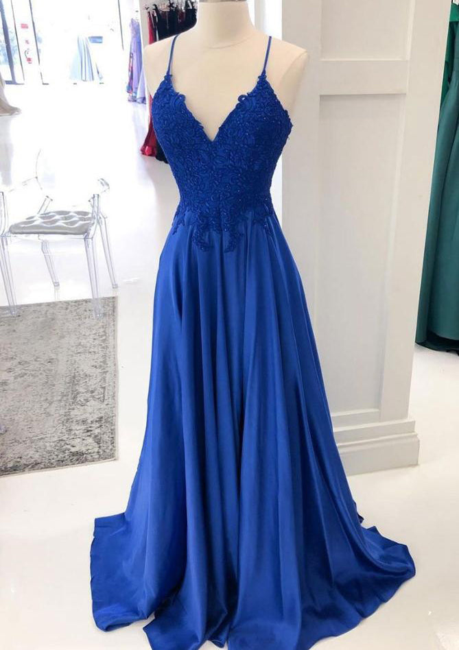 Royal Blue Prom Dresses, A-line V Neck Sleeveless Long/Floor-Length Charmeuse Prom Dress With Appliqued Beading Lace