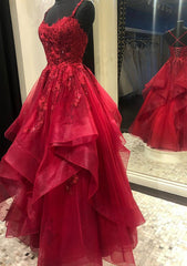 Burgundy Prom Dresses, A-line V Neck Spaghetti Straps Long/Floor-Length Lace Prom Dress With Beading