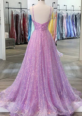 Unique Prom Dresses, A-line V Neck Spaghetti Straps Sweep Train Sequined Prom Dress With Pleated