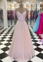 Lavender Prom Dresses, A-line V Neck Spaghetti Straps Long/Floor-Length Tulle Prom Dress With Beading Sequins