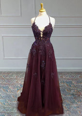 Tulle Cabernet Prom Dress A-line V Neck Spaghetti Straps Long/Floor-Length With Beading Sequins Appliqued