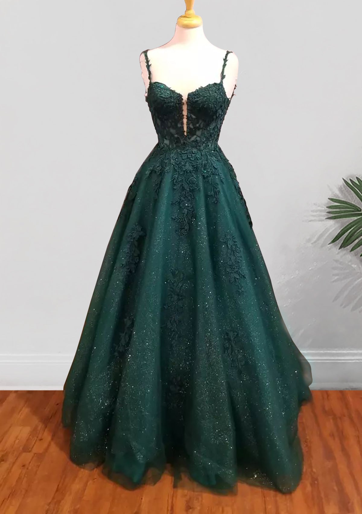 Dark Green Prom Dresses, A-line Sweetheart Spaghetti Straps Long/Floor-Length Tulle Prom Dress With Beading Glitter Appliqued