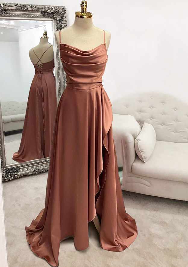Simple Prom Dresses, A-line Bateau Spaghetti Straps Long/Floor-Length Satin Prom Dress With Pleated Split