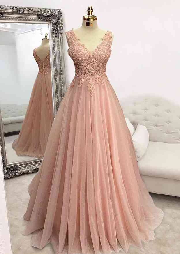 Pearl Pink Prom Dresses, A-line V Neck Sleeveless Long/Floor-Length Tulle Glitter Prom Dress With Appliqued Beading