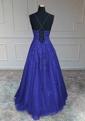 Royal Blue Prom Dresses, A-line V Neck Spaghetti Straps Long/Floor-Length Tulle Prom Dress With Appliqued Beading Glitter