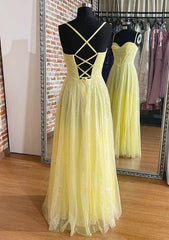Yellow Prom Dresses, A-line Sweetheart Spaghetti Straps Long/Floor-Length Tulle Prom Dress With Pleated Glitter