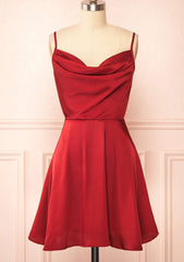 A-line Cowl Neck Sleeveless Short/Mini Charmeuse Red Homecoming Dress with Pleated
