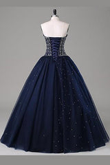 Navy Blue Ball Gown Floor Length Sweetheart Sleeveless Mid Back Prom Dresses