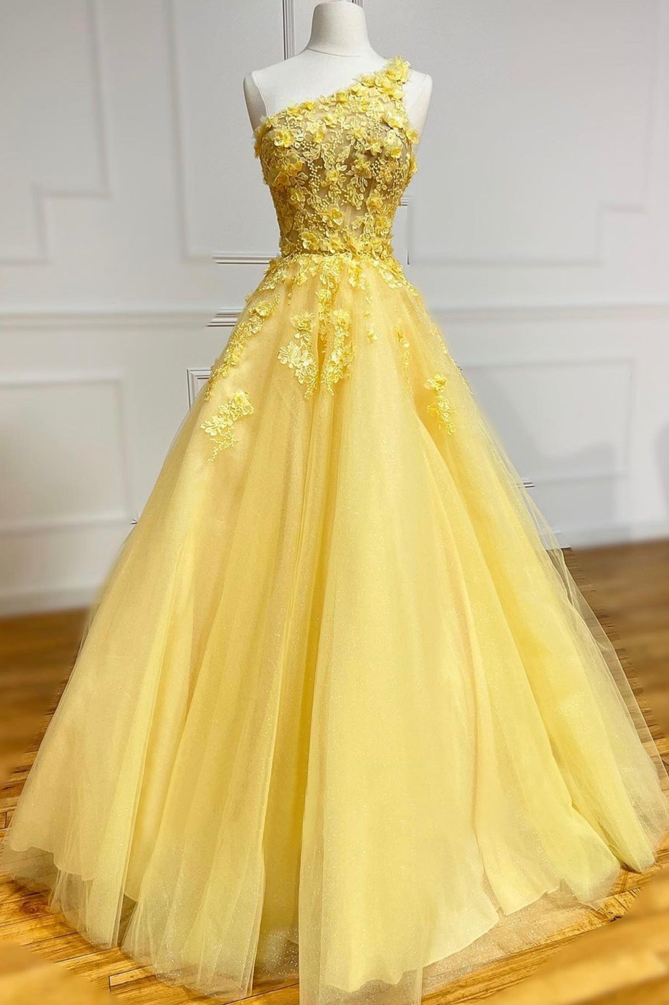 Yellow Lace One Shoulder Evening Dress, A-Line Tulle Long Prom Dress