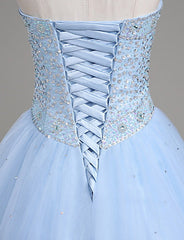 Light Blue Ball Gown Floor Length Sweetheart Strapless Sleevless Beading Prom Dresses