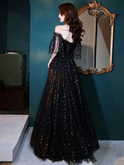 Black Tulle Off Shoulder Tulle Long Prom Dress, Black Evening Dress
