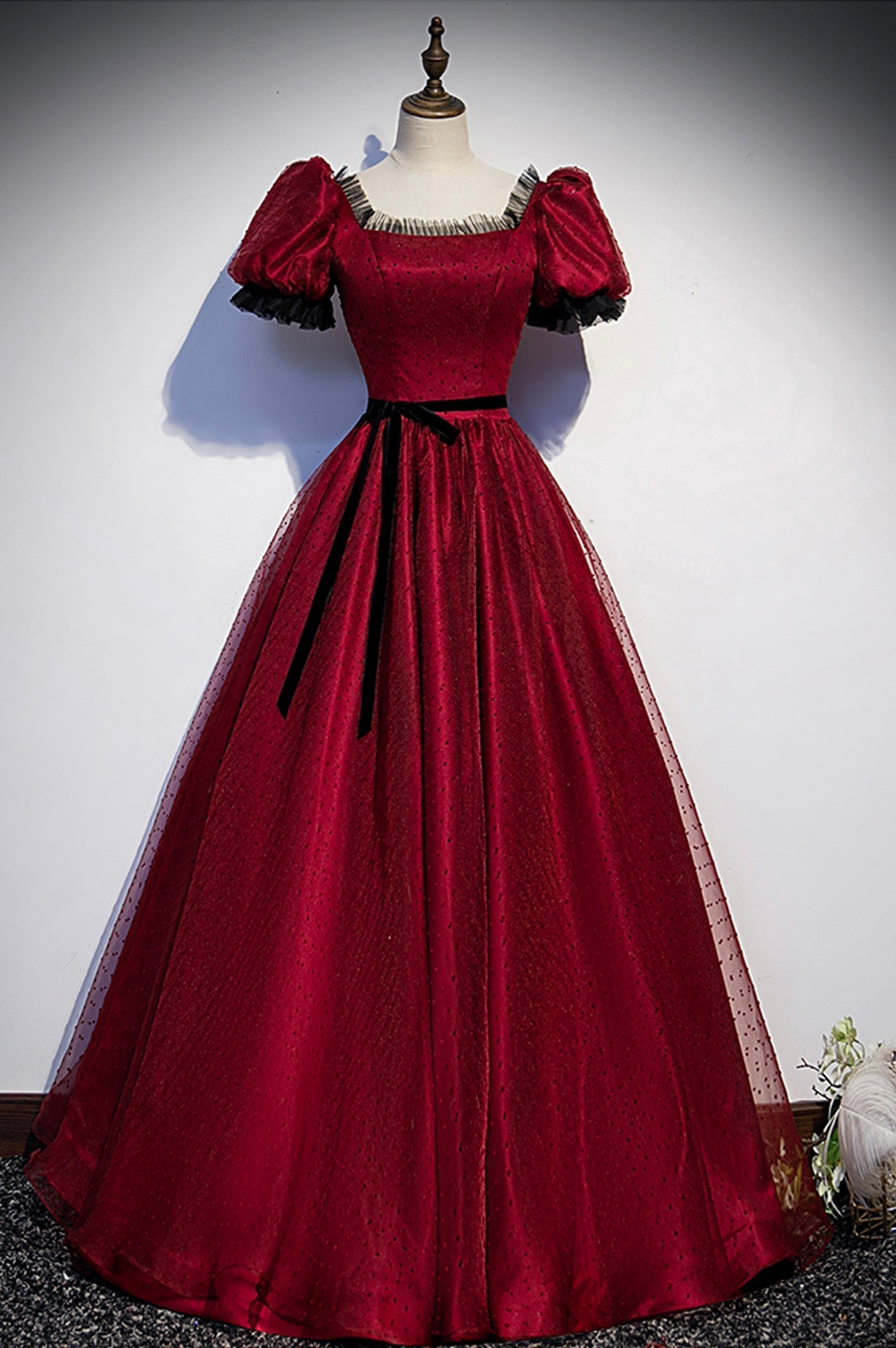 Burgundy Tulle Long Prom Dresses, A-Line Backless Evening Dresses
