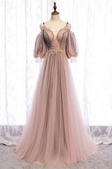 A-Line Tulle Long Prom Dresses, Lace Evening Dresses