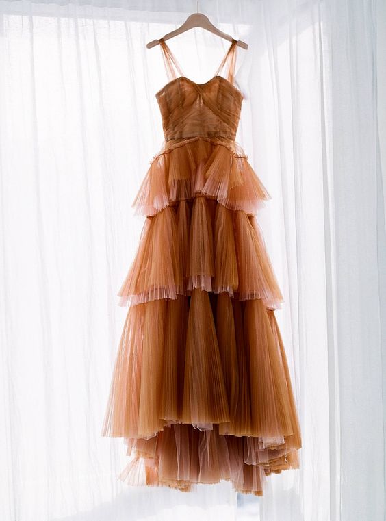 Brown tulle long prom dress, evening dress