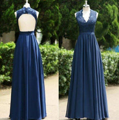 2024 Blue Floor-Length/Long A-Line/Princess Backless Lace V-Neck Chiffon Prom Dresses