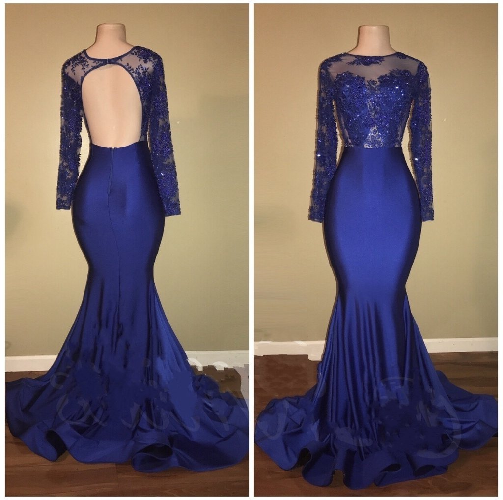 2024 Charming Royal Blue Long Sleeve Mermaid Prom Dresses
