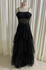 Black Prom Dress, Elegant A-line Layered Tulle Prom Dresses,Sheer Corset Long Evening Dress