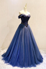 A-Line Tulle Beading Long Prom Dresses, Off the Shoulder Evening Dresses