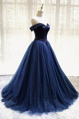 A-Line Tulle Beading Long Prom Dresses, Off the Shoulder Evening Dresses