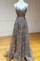 Prom Dresses Dress, A-line Tulle Straps Sequins Lace Prom Dress Split Evening Dress