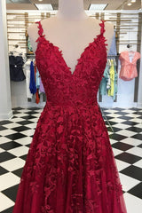 Prom Dresses Black Girls, A Line V Neck Burgundy Lace Prom Dresses, Wine Red Lace Formal Evening Dresses