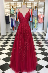 Prom Dresses Black Girl, A Line V Neck Burgundy Lace Prom Dresses, Wine Red Lace Formal Evening Dresses
