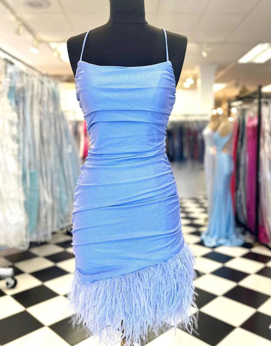 Light Blue Spaghetti Straps Tight Homecoming Dress With Feather