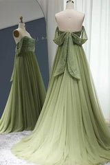 Off the Shoulder Beaded Green Tulle Long Prom Dress, Off Shoulder Green Formal Dress, Beaded Green Evening Dress