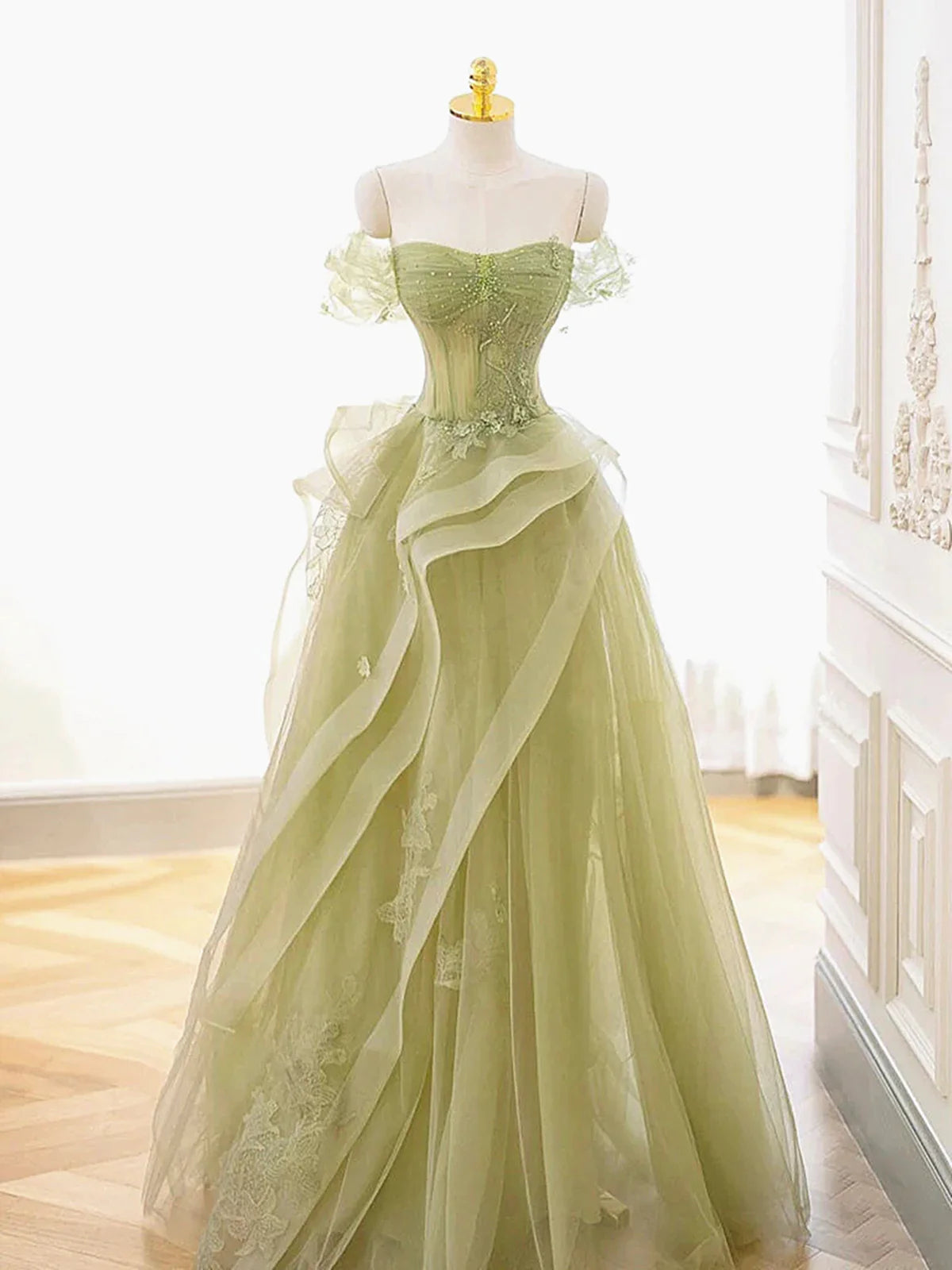 Off the Shoulder Green Tulle Long Beaded Prom Dresses, Off Shoulder Green Tulle Long Formal Evening Dresses