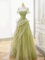 Off the Shoulder Green Tulle Long Beaded Prom Dresses, Off Shoulder Green Tulle Long Formal Evening Dresses
