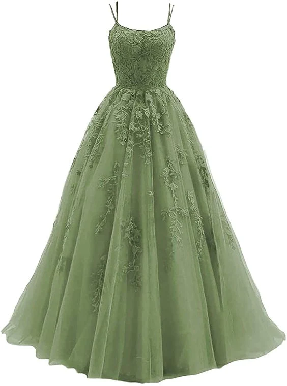 Fairytale Prom Dress, Green Lace Applique Tulle Long Straps Cross Back Long Party Dress, Green Junior Prom Dress