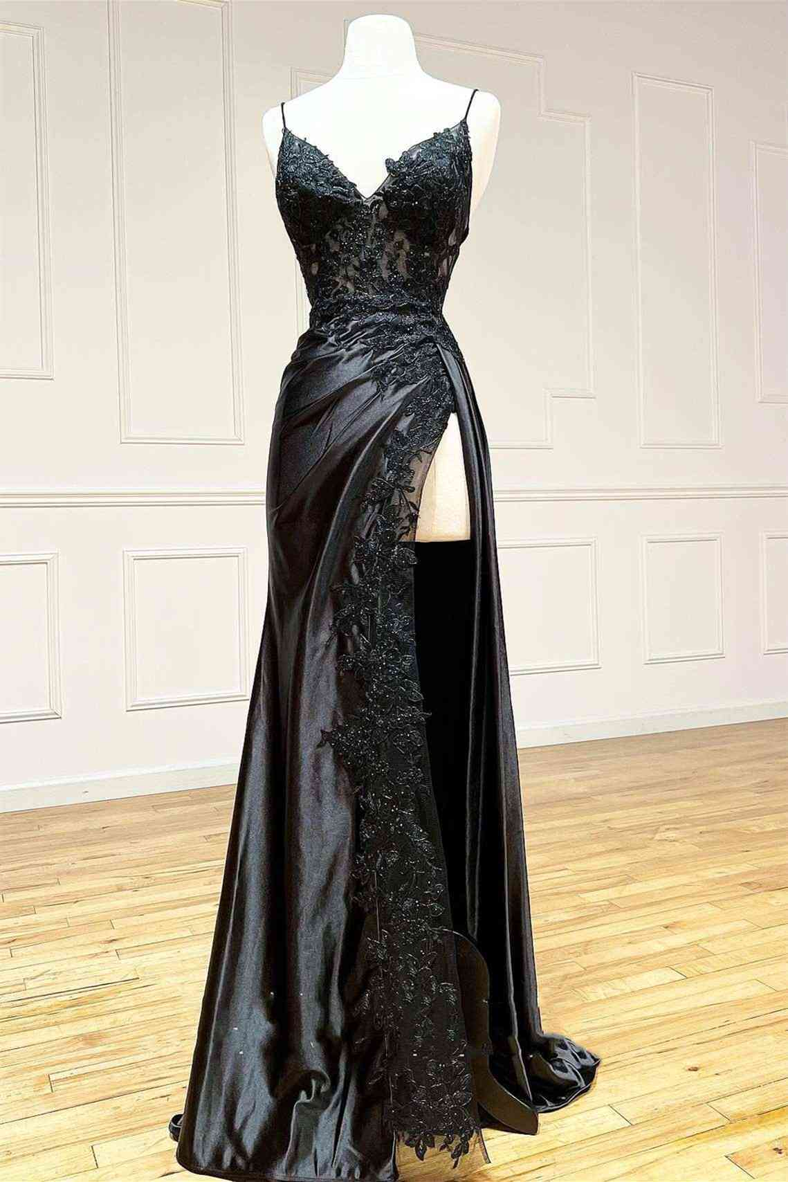 Black Long Appliques Prom Dress with Spaghetti Straps